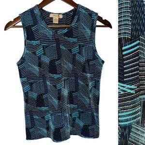 Plisse Sleeveless Geometric Print Top Blue Black Size Medium Artsy